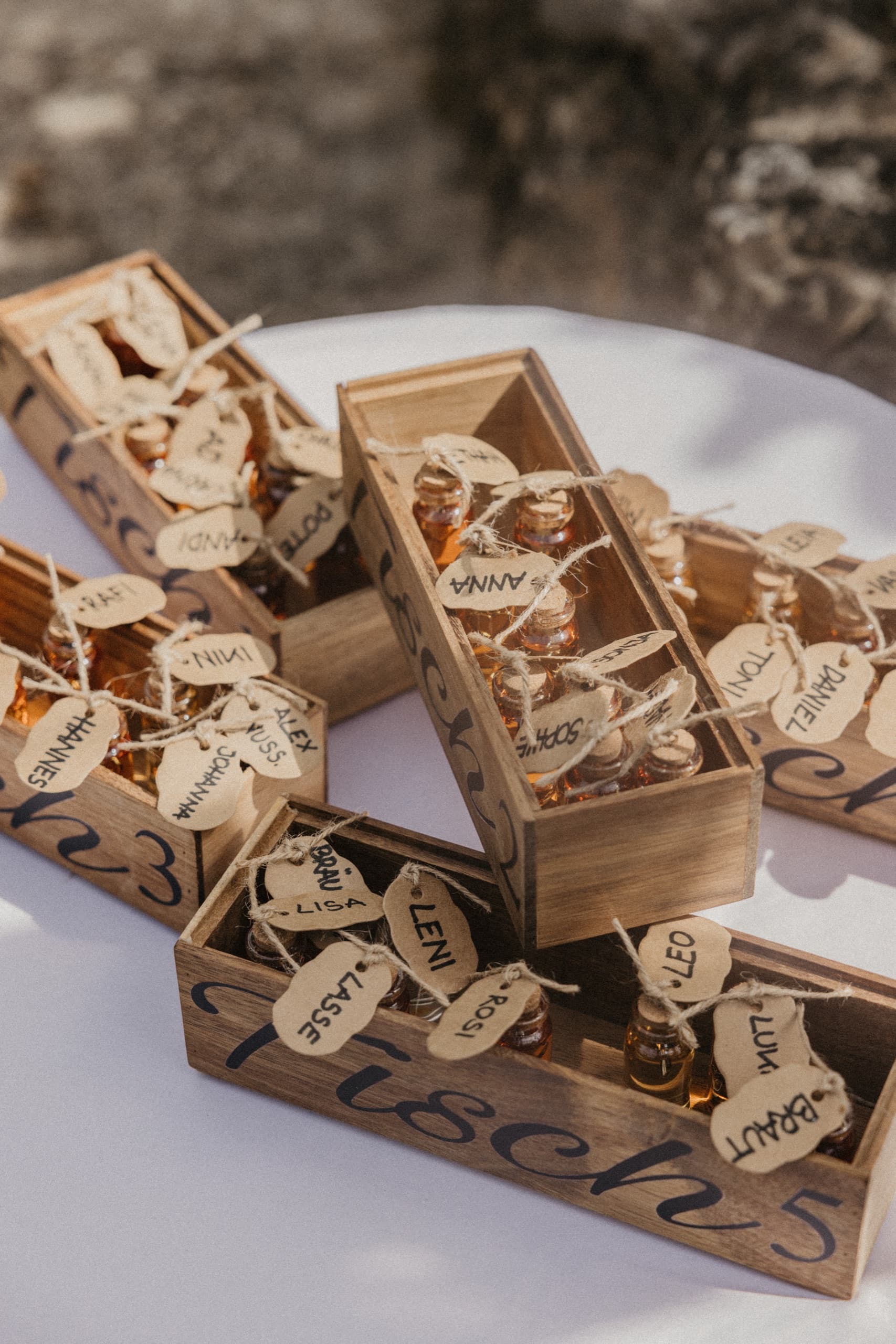 Personalised wooden wedding favours in a crate, a small styled detail